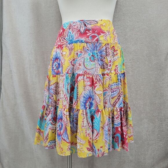 Lauren Ralph Lauren Linen Yellow Paisley Boho Teired Skirt Women's Petite Large - Picture 4 of 9